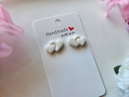 White Double Heart Stud Earrings