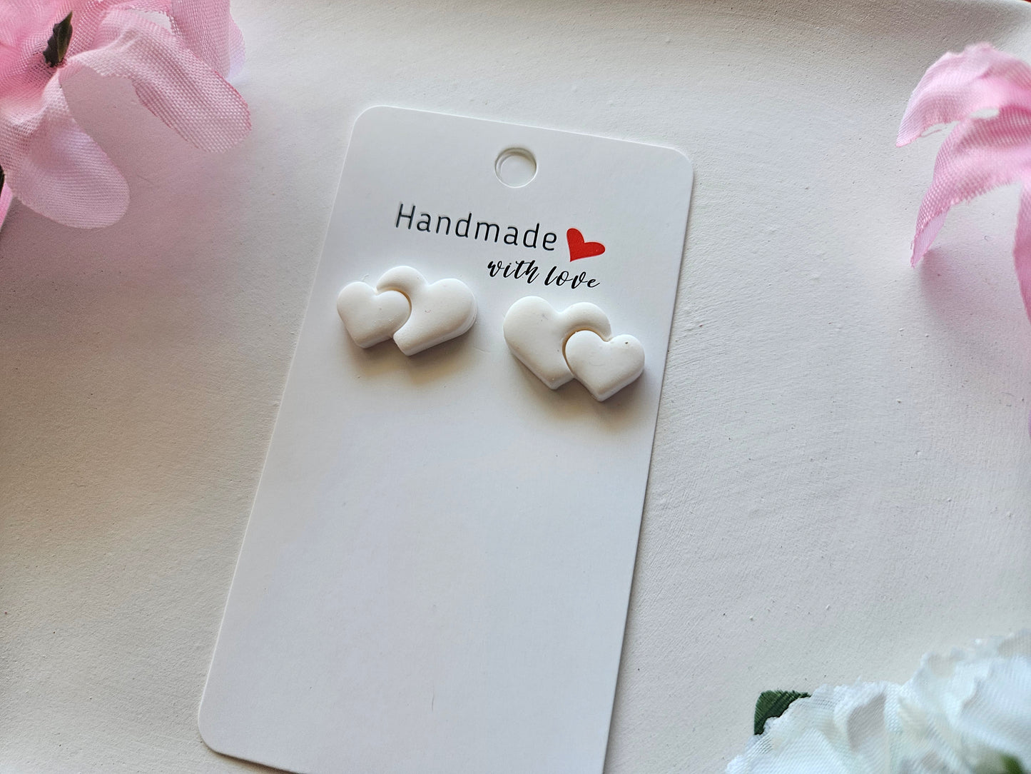 White Double Heart Stud Earrings