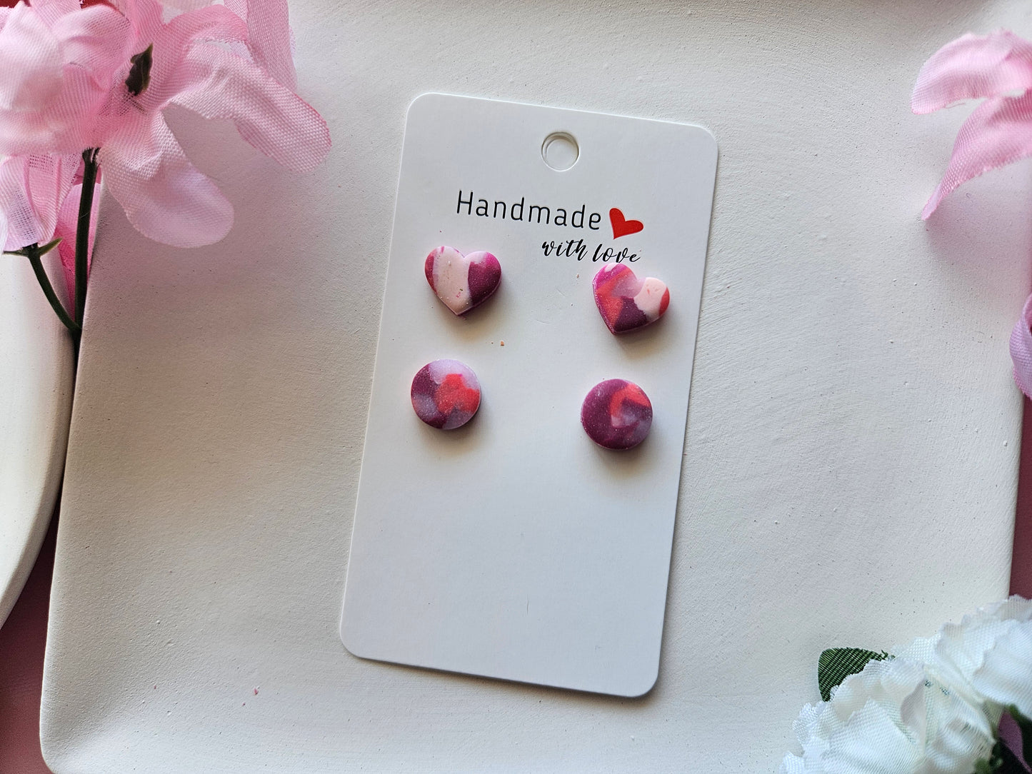 Heart and Circle Stud Earrings